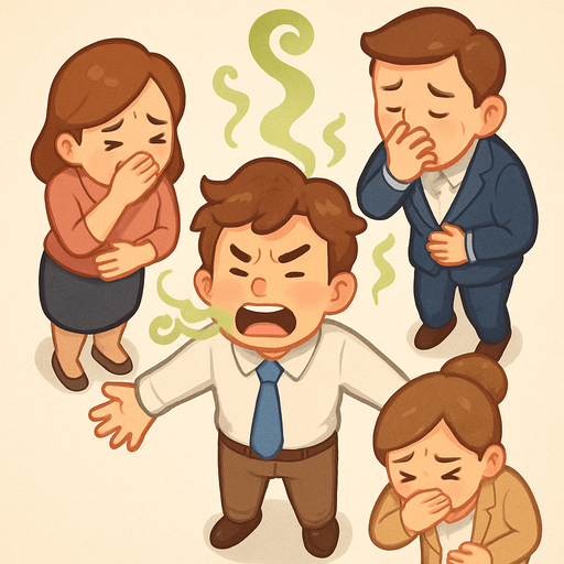 An office worker with extremely bad breath. People getting close get sick.. Full body viewed from the above. Cute soft graphics. soft ambient light. semi-matte to satin surfaces. naturalistic with slight saturation boost colors. Tone is premium, friendly, clean with lifestyle or service-oriented appeal.
In-Game asset.  2d.  High contrast.  No shadows. top down. View from above.