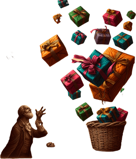a pergament with a present throwed by someone into a basket at top, at the bottom there is the text: "There are many ways of how can throw a present. Let it just fall or throw it like a basketball."