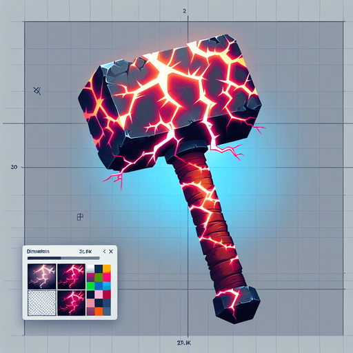 hammer with lightning.
Single Game Texture. In-Game asset. 2d. Blank background. High contrast. No shadows.