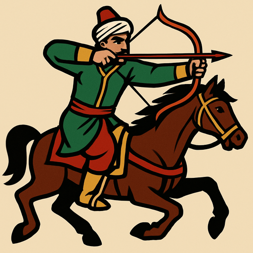 A soldier from the Ottoman period using a bow and arrow on a horse.
In-Game asset.  2d.  High contrast.  No shadows