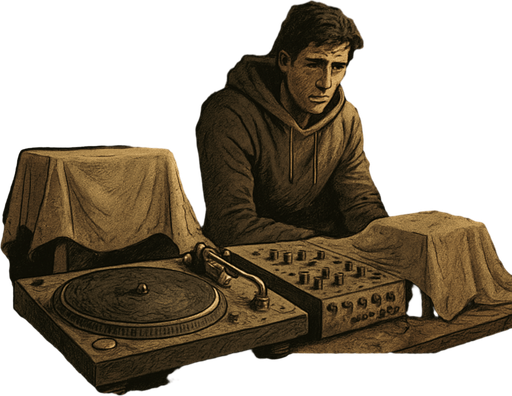 Realistic comic book scene, 2048x2048. Interior of a dusty room with DJ gear covered and unused. Noah sits in the background, partially hidden in shadow, melancholic lighting. Include a small narrator box at the bottom-right corner with the text: "Fame faded. The rhythm stopped.".
In-Game asset.  2d.  High contrast.  No shadows