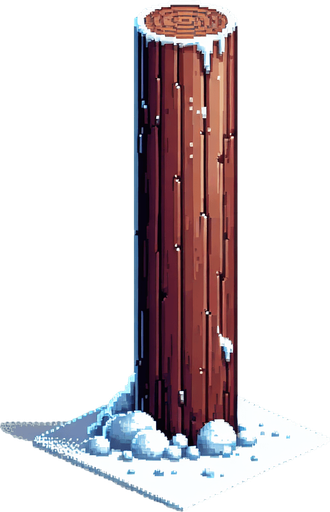 pixel art of a wooden pole with snow at it's base.
Single Game Texture. In-Game asset. 2d. Blank background. High contrast. No shadows.