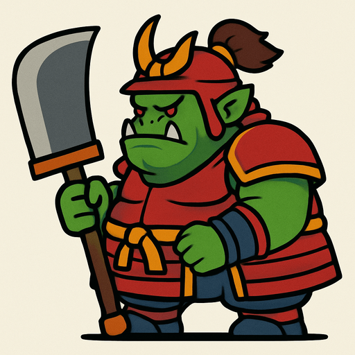 side scroller image fat orc samurai front holding big axe.
In-Game asset.  2d.  High contrast.  No shadows