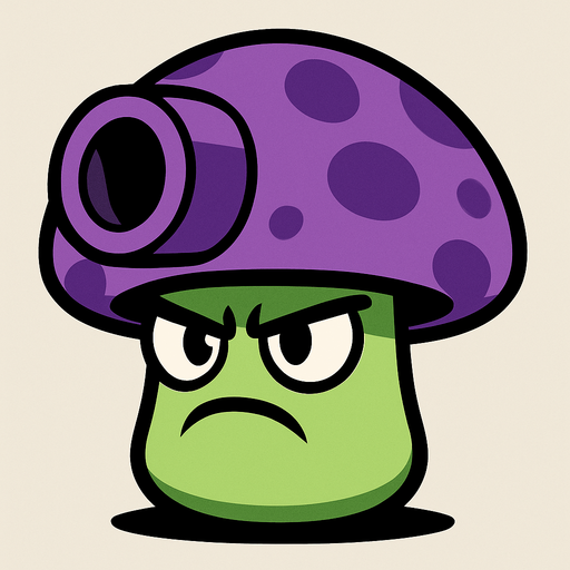 Cabeza (sombrero del hongo): Es grande, redonda y de color morado con manchas más oscuras. En el frente tiene una estructura que parece una boquilla o cañón, lo que da la impresión de que puede disparar algo.

Cuerpo: Pequeño y de color verde claro, con una expresión facial seria o enojada. Tiene ojos grandes y cejas inclinadas hacia abajo, lo que resalta su actitud agresiva o decidida.

Estilo: Es un diseño al estilo de caricatura o videojuego, similar a los personajes de Plants vs. Zombies..
In-Game asset.  2d.  High contrast.  No shadows