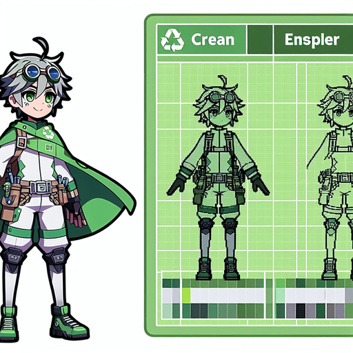 Anime eco hero.
Single Game Texture.  In-Game asset.  2d.  Blank background.  High contrast.  No shadows