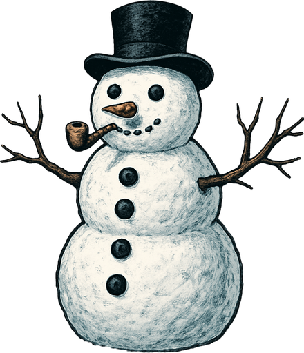 Hombre de nieve con pipa y manos de ramas y tres botones negros verticalmente algo realista.
In-Game asset.  2d.  High contrast.  No shadows