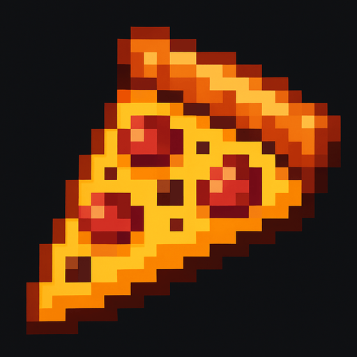 Pixilated pizza.
In-Game asset.  2d.  High contrast.  No shadows