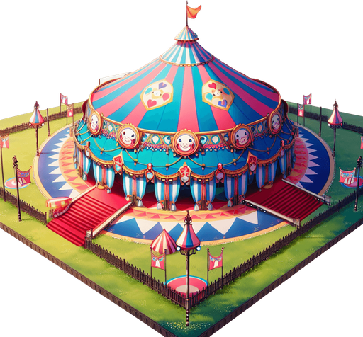 anime circus tent field.
Single Game Texture.  In-Game asset.  2d.  Blank background.  High contrast.  No shadows