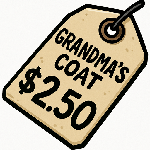 price tag that says grandma's coat $2.50.
In-Game asset. Transparent . 2d.  High contrast.  No shadows