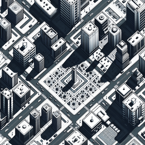 A top down view of a city.
Single Game Texture. In-Game asset. 2d. Blank background. High contrast. No shadows.