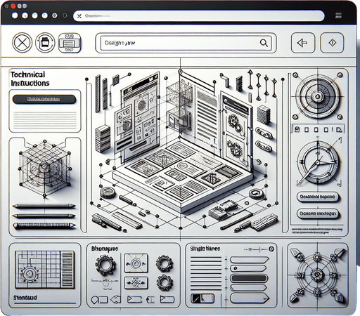 A clean and functional browser UI designed to display a technical instruction website. The layout features a standard browser interface with a slim address bar at the top and navigation buttons (back, forward, refresh) neatly positioned on the left. Below the bar, the content spans the rest of the screen, showcasing a detailed webpage filled with blueprints, diagrams, and arrows pointing to various components, resembling a technical manual.

The webpage is organized into a structured grid, with sections displaying labeled visuals and concise text instructions. The design incorporates a professional, muted color palette with clear lines and readable fonts to emphasize clarity and functionality. Subtly integrated towards the top-left corner of the screen, either within the browser’s interface or the webpage header, is a small visual hint—such as a faint icon, a uniquely styled arrow, or a highlighted word. This subtle detail blends seamlessly into the technical content.
Single Game Texture. In-Game asset. 2d. Blank background. High contrast. No shadows.