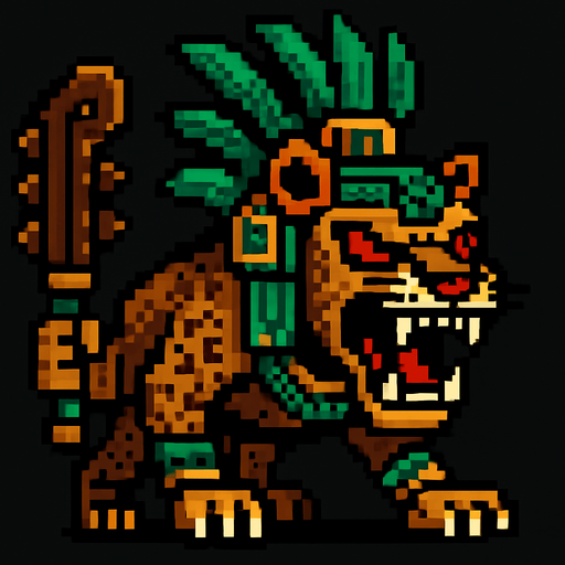 Genérame una Puma guerrero azteca con eso patrones, estilo pixelar, con una apariencia maligna, ojos rojos, rabioso. Unidad cuerpo a cuerpo. Animal.
In-Game asset.  2d.  High contrast.  No shadows