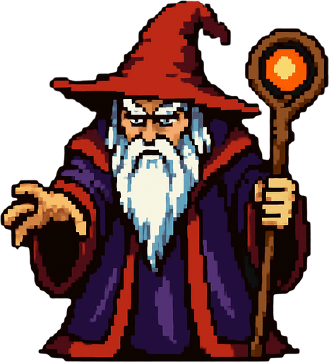 pixel art old wizard boss.
In-Game asset.  2d.  High contrast.  No shadows