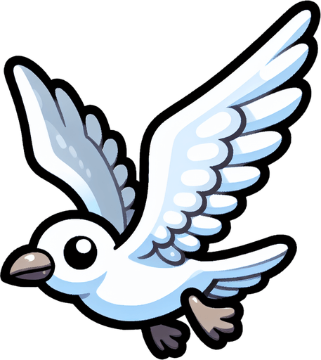 A cartoon-style seagull in mid-flight, white feathers with a light gray beak and wings slightly spread out. Expressions should be fun and mischievous.".
Single Game Texture.  In-Game asset.  2d.  Blank background.  High contrast.  No shadows