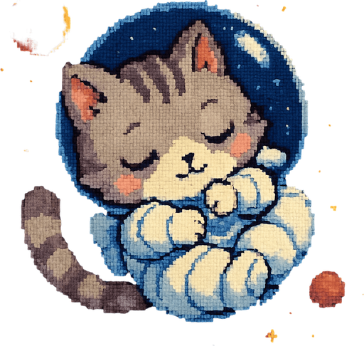 A cute kitten, illustrated in an adorable chibi anime style and wearing an astronaut suit, floats peacefully through outer space, sleeping in the most precious, curled-up position imaginable. Its tiny paws are tucked in close, and its expression is serene. The entire scene is rendered in a charming Pixel Art style.