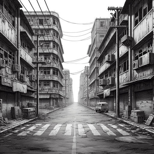 background of an abandoned street.
Single Game Texture. In-Game asset. 2d. Blank background. High contrast. No shadows.