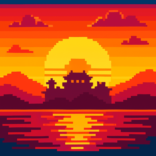 A chinese pixel background of an arcade game, sunset, retro style,.
In-Game asset.  2d.  High contrast.  No shadows