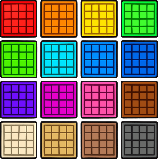 Grid cells tile assets. HD colors.
In-Game asset.  2d.  High contrast.  No shadows