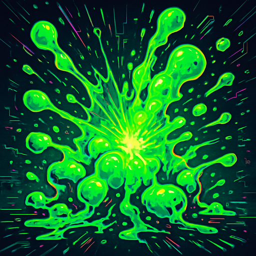 Liquid toxin explosion. With cyberpunk + abstract style. HD colors. Green color.
In-Game asset.  2d.  High contrast.  No shadows