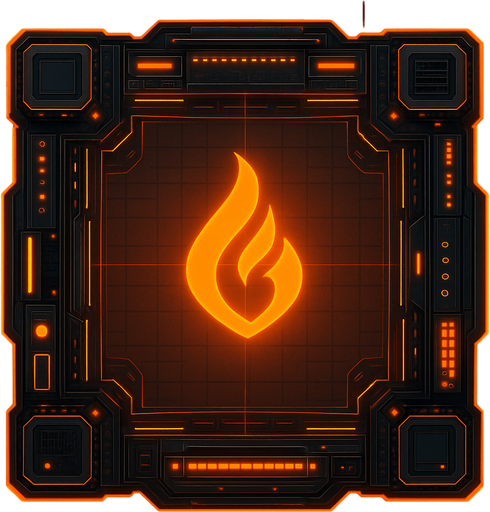 2D Top floor of Flame tower facing the screen to use it as a grid. future. Cyberpunk. abstract. seen from above. HD colors. Orange color. No Diagonal assets. flame logo on the middle of it.