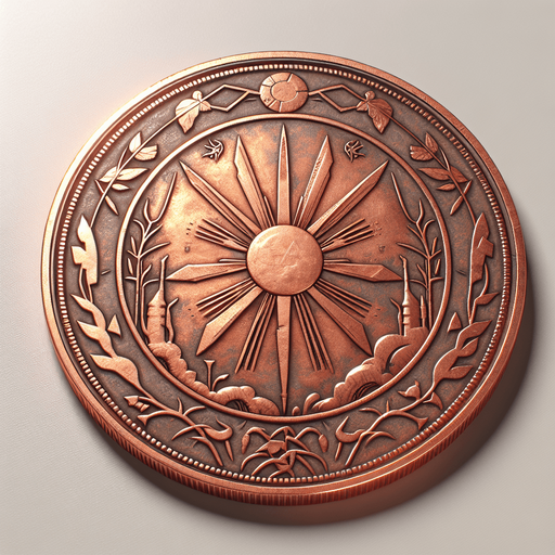 moneda de cobre.
Single Game Texture.  In-Game asset.  2d.  Blank background.  High contrast.  No shadows