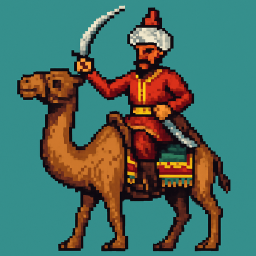 Ottoman camel warrior.
In-Game asset.  2d.  High contrast.  No shadows. pixel art