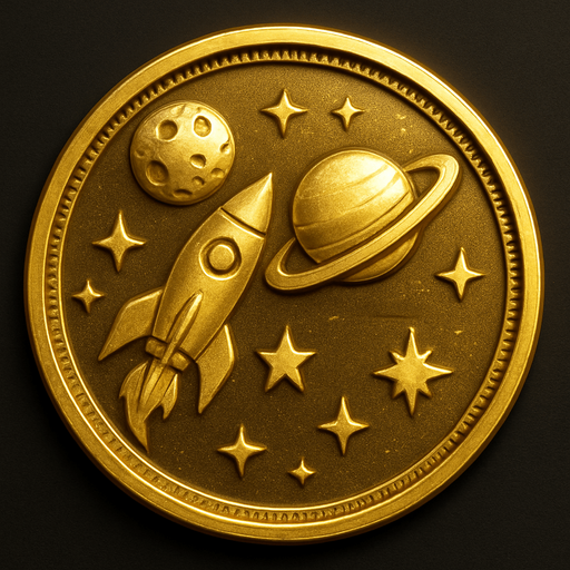 Uzay temalı altın coin, gerçekçi, yazısız üstten görünüm. 
In-Game asset.  High contrast.  No shadows