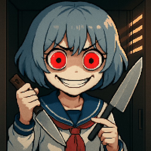 Stella, a 15-year-old anime girl with short, soft hair in a bluish-gray tone (HEX: #b0b9d8), and large black eyes with oversized irises (super kawaii style), glowing with intense yandere red. She wears a traditional Japanese school uniform (classic sailor fuku). She is inside a Japanese school locker, with soft light coming through the ventilation slits, casting dramatic shadows on her face. Her eyebrows are furrowed in extreme anger, but she has a wide, creepy smile, like someone completely insane. Dark under-eye circles highlight her unhinged expression. Her right hand holds a butcher knife slightly raised, while her left hand gently touches the blade with her index finger, mimicking a clock hand motion. Visual style: highly detailed Pixel Art.