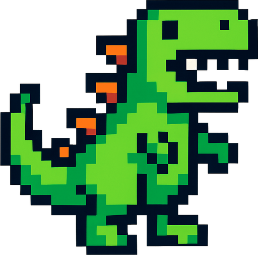 Un dinosaurio pixelar.
In-Game asset.  2d.  High contrast.  No shadows