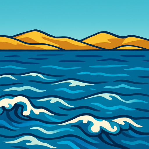 un mar con un fondo a lo lejos.
In-Game asset.  2d.  High contrast.  No shadows