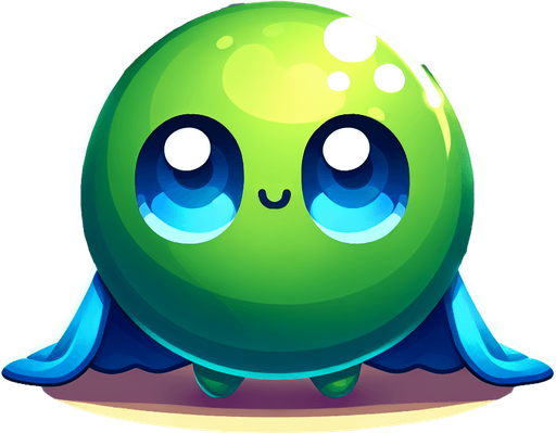 Uma bolinha verde dos olhos azuis fofo com uma capa azul fundo png 2d.
Single Game Texture. In-Game asset. 2d. Blank background. High contrast. No shadows.