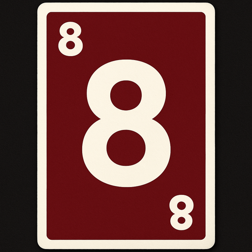 Rectangular card numbered 8, with a white border around it and a burgundy background..
In-Game asset.  2d.  High contrast.  No shadows
