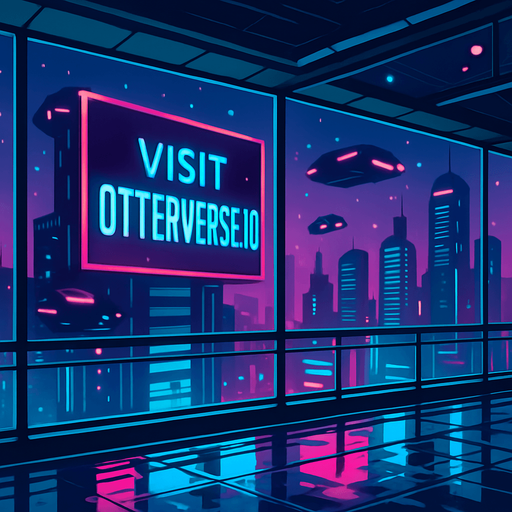 Render a futuristic skyline view from a glass-walled sky-bridge at twilight. Huge digital billboard outside declares ‘Visit otterverse.io’ in crisp neon lettering. Include passing hover-cars, floating particle effects, and a wet floor inside reflecting the lights—no characters or coins..
In-Game asset.  2d.  High contrast.  No shadows