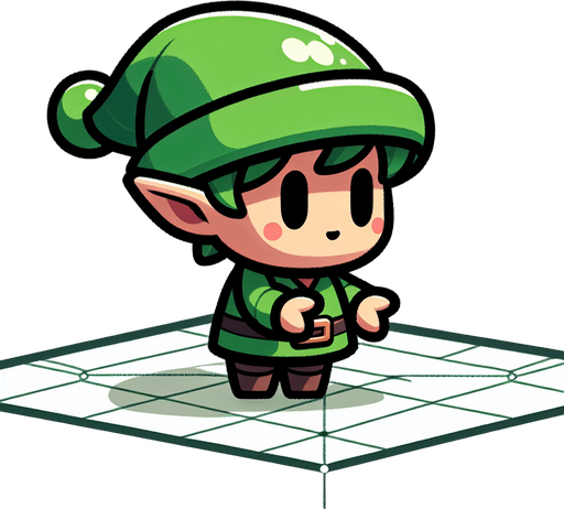 Profil view of a cute little elf with a green hat, standing with his hands in front of him.no background . no floor. In-Game asset. 2d. Blank background. High contrast. No shadows.