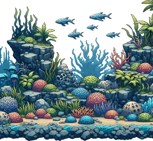 undersea olants rocks etc but no fish.
Single Game Texture. In-Game asset. 2d. Blank background. High contrast. No shadows.