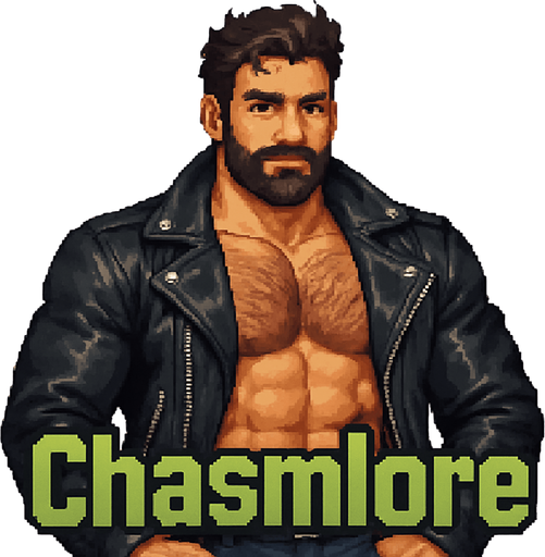 “he://done.ism 

uploaded: chasmlore” written out in black leather biker jacket shirtless hairy muscles hunks