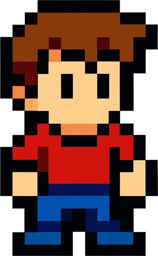 Make an 8 bit boy with brown hair.
In-Game asset.  2d.  High contrast.  No shadows