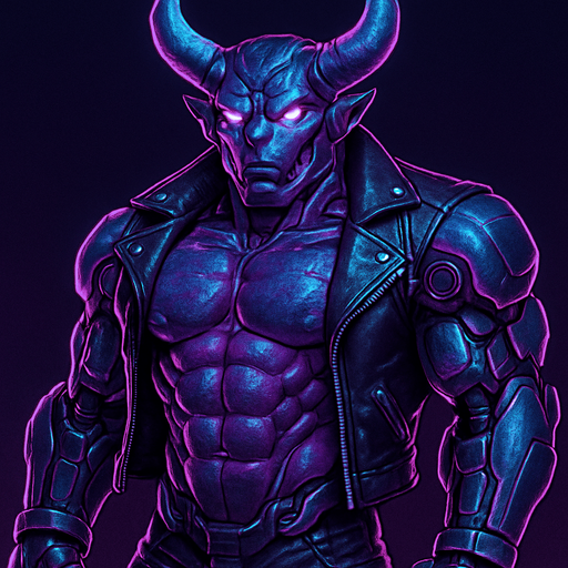 Demon robot Black leather biker jacket longsleeves shirtless muscles pecs abs hunky demon cyborg robot mecha cyberpunk neon manga futuristic monster stud beefcake