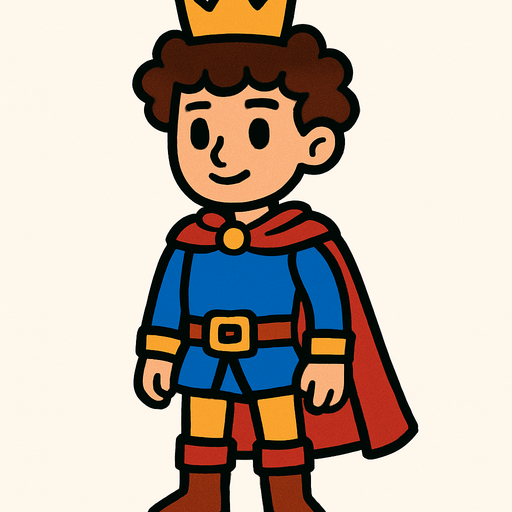 prens kıvırcık saçlı ayakta sakalsız.
In-Game asset.  2d.  High contrast.  No shadows