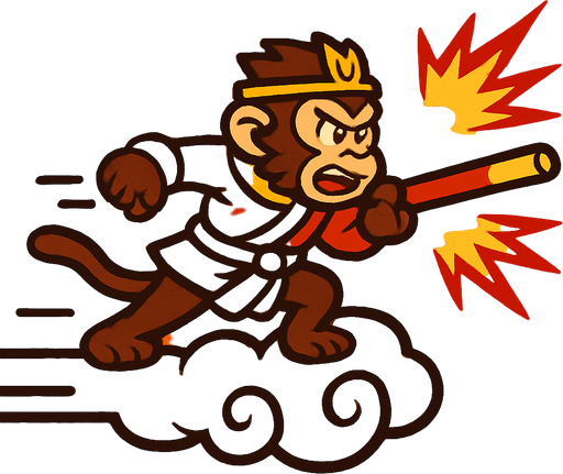 monglkey king raja kera di atas awan kinton menyerang dengan tongkat sakti. side scroller image.
In-Game asset.  2d.  High contrast.  No shadows