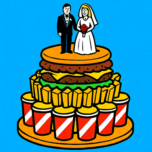 90s comic book style fast food style wedding cake.
In-Game asset.  2d.  High contrast.  No shadows