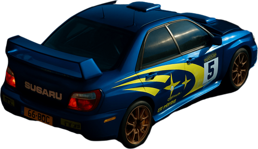 Photorealistic Subaru Impreza WRC in nightlight, drone topview from back and 45 degrees angle in top right corner
