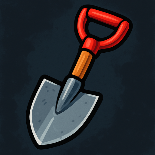 pequeña pala de acero, con mango de madera y un agarre de color rojo.
In-Game asset.  2d.  High contrast.  No shadows