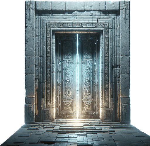 La porte d'Exit est un portail mystérieux et imposant qui se distingue par son atmosphère énigmatique. Elle est située à la fin du labyrinthe, là où la lumière semble devenir plus intense et où le suspense atteint son apogée.

    Structure : La porte est massive, faite de pierres anciennes et usées par le temps, avec des gravures mystérieuses sur les côtés. Elle semble être une sorte de portail magique, ses bords ornés de runes qui brillent faiblement dans l'obscurité. Les gravures changent légèrement lorsque le joueur s'en approche, comme si elles réagissaient à la présence du héros.

    Couleurs et lumière : L'exit émet une lumière douce mais persistante, un halo qui contraste fortement avec l'obscurité du reste du labyrinthe. La lumière n'est pas chaude, mais plutôt froide, avec des tons de bleu pâle et d'argent. Cela donne à la porte une allure à la fois apaisante et étrange. De petites étincelles flottent autour de la porte, comme si une force invisible était à l'œuvre..
Single Game Texture.  In-Game asset.  2d.  Blank background.  High contrast.  No shadows