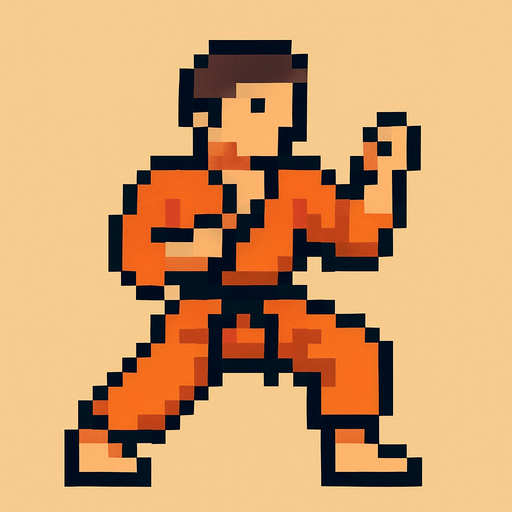 An orange fighter karate 8 bit style.
In-Game asset.  2d.  High contrast.  No shadows