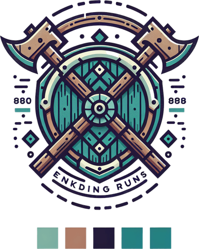 A game logo for a game called 'Endless Viking Run' using norse font on a background of a viking shield and crossed axes. Muted colors..
Single Game Texture. In-Game asset. 2d. Blank background. High contrast. No shadows.
