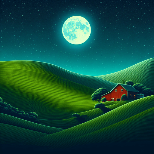 Windows xp hill with a red barn on the top of the hill at night.
Single Game Texture. In-Game asset. 2d. Blank background. High contrast. No shadows.
