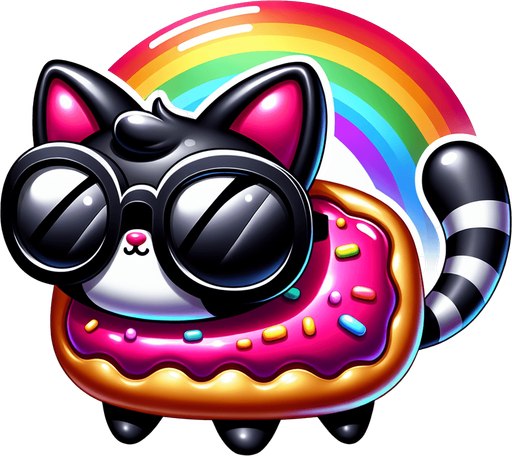 The character is a delightful Nyan Cat,with a cartoon-style essence while adopting the iconic features of this internet sensation. Its face remains round and expressive, hidden behind oversized, round, dark opaque sunglasses, giving it a mysterious yet endearing look. The transformation is most notable in its body, which now takes on the appearance of a colorful pop-tart, blending whimsy with sweetness. This unique body, smaller in proportion to its playful head, maintains the character's cute, chubby charm. Adding to its magical allure, a vibrant rainbow trail extends from behind, symbolizing its journey through the digital cosmos. The Nyan Cat's paws are positioned comfortably in front, suggesting a relaxed flight posture as it glides across the screen. This new rendition, combining the original cat's casual charm with the fantastical elements of Nyan Cat, creates a perfect mascot for both whimsical children's content and digital platforms looking to capture the heartwarming joy of internet culture..
Single Game Texture. In-Game asset. 2d. Blank background. High contrast. No shadows.
