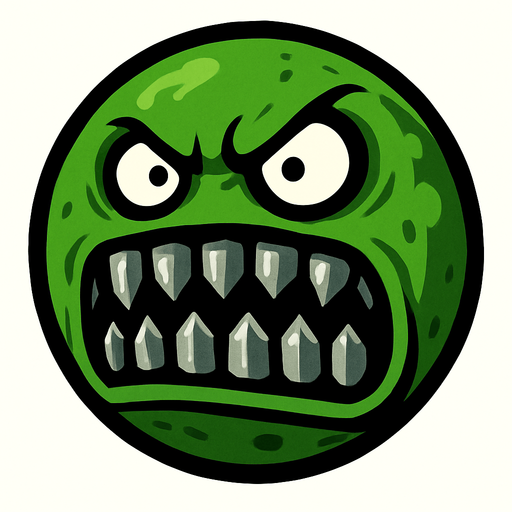 a green scary ball with metal teeth.
In-Game asset.  2d.  High contrast.  No shadows