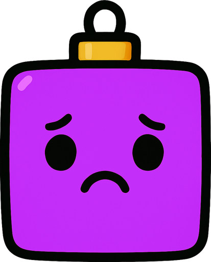 a sad Perfectly square bright purple Christmas decoration with cute . Cartoon style. Cute art style. Simple vector style..
In-Game asset.  2d.  High contrast.  No shadows